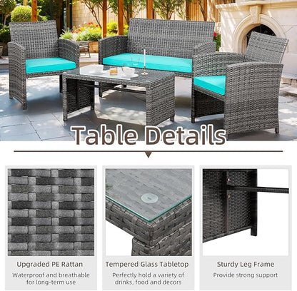 Conversation Set, 4-Piece Blue Wicker Patio Furniture with Glass Table