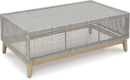 Signature Design by Ashley Seton Creek Casual Resin Wicker Outdoor Coffee Table with Tempered Glass Tabletop, Light Gray & Light Brown