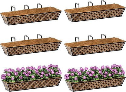SPECILITE 30" Window Boxes Planters, Heavy Duty Metal Railing Planter Boxes, Adjustable Balcony Planters for Railing Hanging, with Coco Liner & Tool Set for Deck, Porch, and Patio Gardening (6 Pack)
