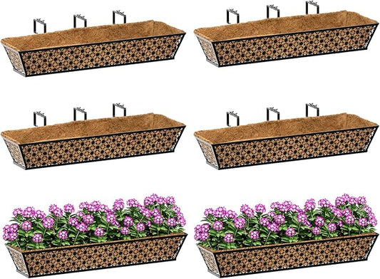 SPECILITE 30" Window Boxes Planters, Heavy Duty Metal Railing Planter Boxes, Adjustable Balcony Planters for Railing Hanging, with Coco Liner & Tool Set for Deck, Porch, and Patio Gardening (6 Pack)