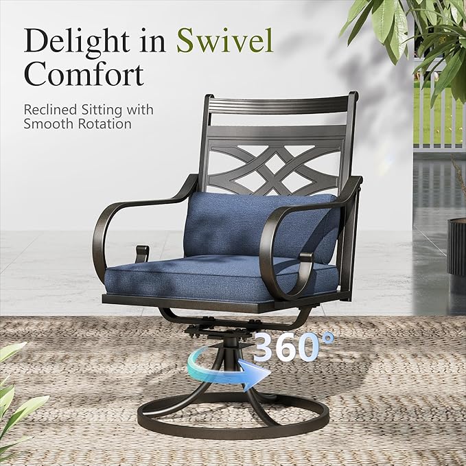 Sophia and William Outdoor Patio Dining Set for 6, Outdoor Table and Chairs, Removable Blue Seat Cushions, 4 Fixed，2 Swivel Chairs, 60" Black Patio Dining Table,Blue