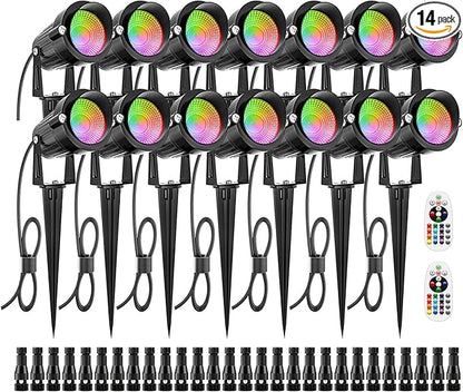 ZUCKEO 12W RGB Low Voltage Landscape Lighting Remote Control Color Changing Landscape Lights, Waterproof LED Outdoor Spotlight for Garden Pathway House Christmas Decor, 14 Pack with Connector