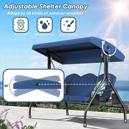 3 Seat Outdoor Porch Patio Swing with Stand 800lbs 2-in-1 Convertible Swing Bed with Adjustable Canopy & Removable Cushion for Yard Garden Deck (Blue, Round Tube)