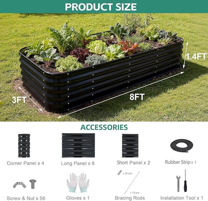 5 in 1Galvanized Raised Garden Bed - 8x3x1.4ft Modular Garden Planter Bed Outdoor | Steel Raised Bed Kit with Bracing Rods, Gloves for Gardening Vegetables Fruits and Flowers (Gray)