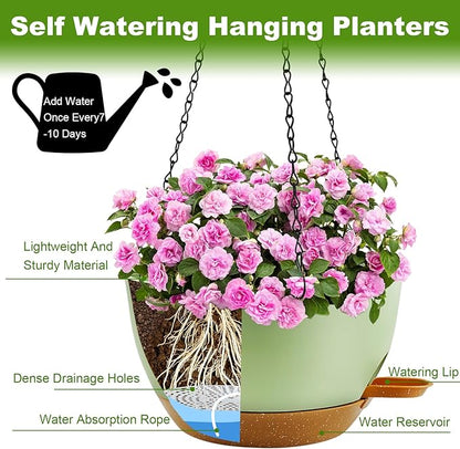 12 inch Hanging Planters for Indoor Plants, 2 Pack Self-Watering Hanging Planter Pots with Chain and Drainage Holes, Outdoor Plastic Hanging Baskets for Garden Home Decor