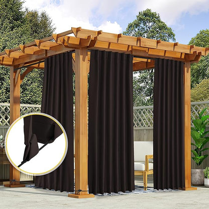 NICETOWN 2 Panels Outdoor Curtains Waterproof Pocket & Back Tab on Top & Bottom, Thermal Insulated Windproof Sun Blocking Outside Privacy Drapes for Patio with Fixed Rope, W52 x L95, Toffee Brown