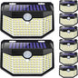 HMCITY 120 LED Outdoor Solar Lights with Motion Sensor and 3 Lighting Modes, IP65 Waterproof Wide Solar Wall Lights Ideal for Garden Patio Yard (Front Button 8Packs, Black Shell-Daylight White)