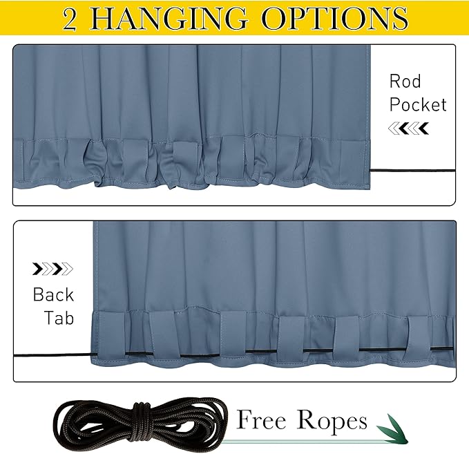 NICETOWN 2 Panels Outdoor Curtains for Patio Waterproof 108 inches Long, Windproof Thermal Insulated Top & Bottom Grommet & Back Tab Blackout Drapes with Rope for Fixed, Stone Blue, W52 x L108