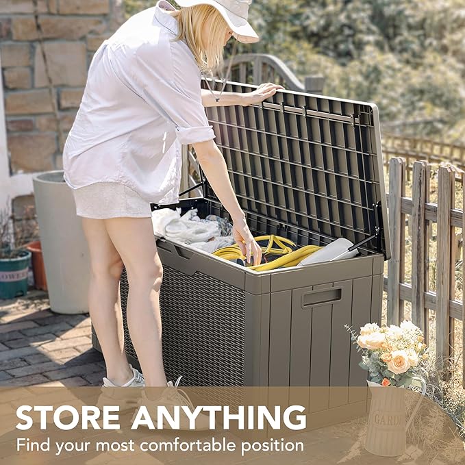 Deck Box, 100 Gallon Resin Lockable Light Brown