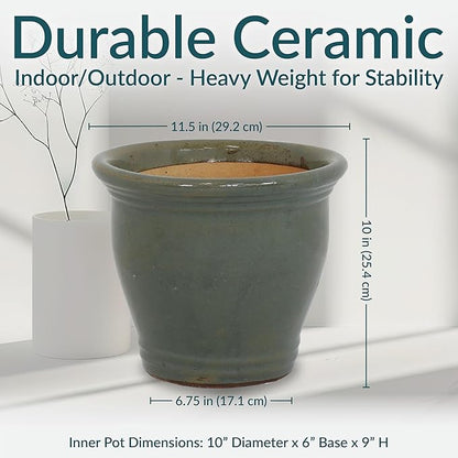 Sunnydaze Round Ceramic Planter - Set of 2 Indoor or Outdoor Plant Pots with Drainage Hole - Studio - 11" - Gray Glaze
