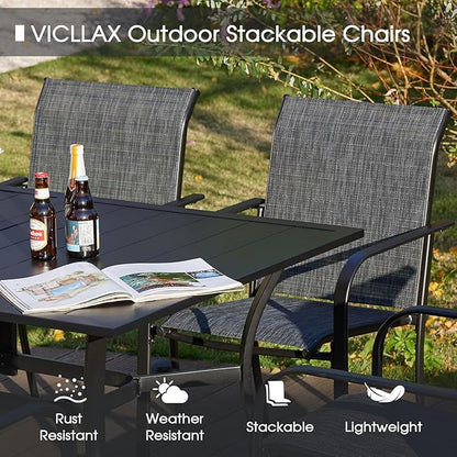 VICLLAX Patio Table and Chair Set of 10, All Weather Metal Round Outdoor Dining Furniture Set-59.9" Round Outdoor Table and Chairs, Grey Wood Grain Tabletop