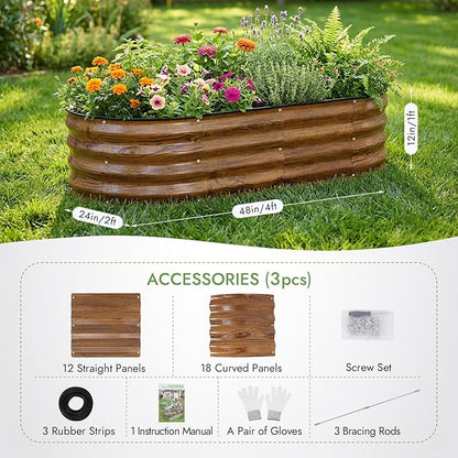 INNO STAGE 3Pcs Galvanized Raised Garden Bed Kit, Outdoor Metal Raised Garden Beds for Vegetables, Rust-Resistant & Easy Assembly, 4x2x1ft Oval Raised beds for Gardening, Flowers, Herbs (CoatedGrain)
