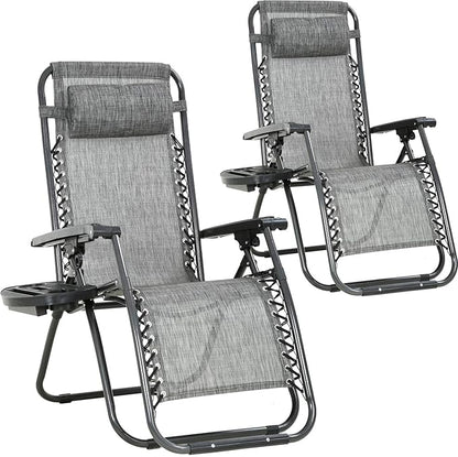 FDW Set of 2 Lawn Outdoor Deck Camping Folding Patio Beach Anti Recliner Pool Chair with Pillow and Cup Holder, Grey