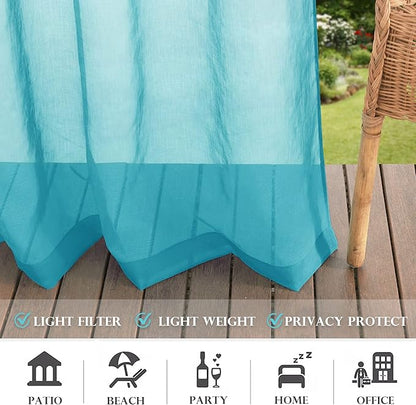 RYB HOME Waterproof Outdoor Curtains - Linen Like Translucent Breathable Sheer Curtains, Quick Dry Easy Slide Draperies for Backyard Patio Verandas, W 54" x L 84", 2 Pieces, Teal