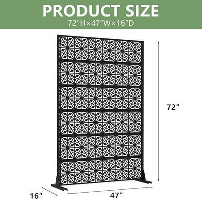 Casaphoria Metal Privacy Screen Outdoor, 72" H x 47" W Freestanding Decorative Privacy Screen for Patio Deck Balcony Garden with Stable Base, Black-Gene