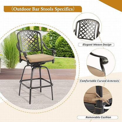 3-Piece Cast Aluminum Patio Bar Set, Outdoor Round High Top Table & 2 Swivel Bar Chairs with Cushions, All-Weather Bistro Table and Chairs Set for Patio, Lawn & Garden (1 Table +2 Swivel Chairs)