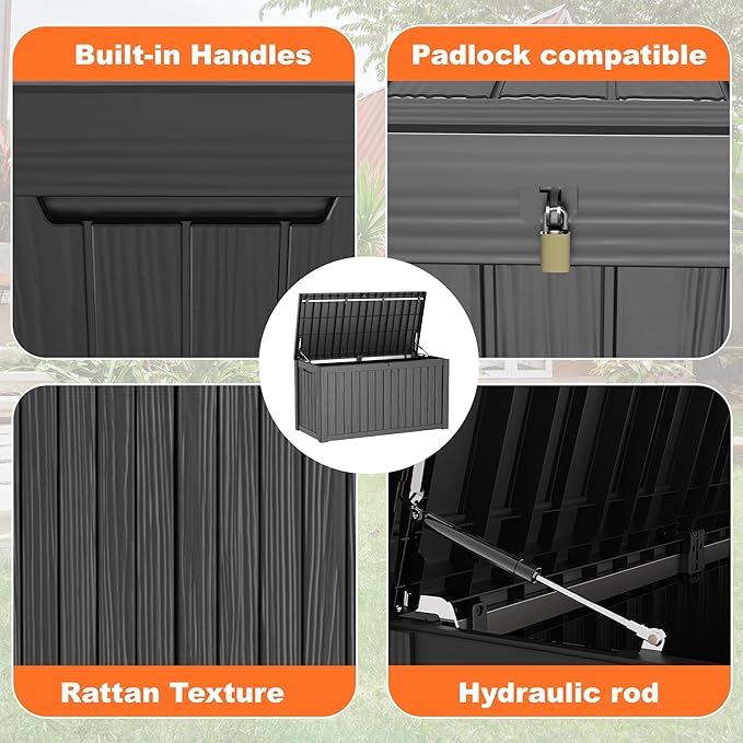 Deck Box, 150 Gallon Black Resin Outdoor Storage with Handles