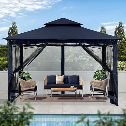 MASTERCANOPY Outdoor Garden Gazebo for Patios with Stable Steel Frame and Netting Walls (11x11,Navy Blue)