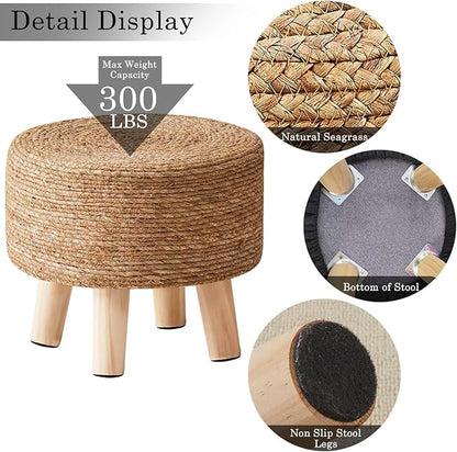 Wimarsbon Round Foot Stool Natural Seagrass Poufs Ottoman Hand Weave Footrest Stool for Couch Desk Extra Seat Step Stool with Solid Wood Legs for Hallway Patio Lounge Natural