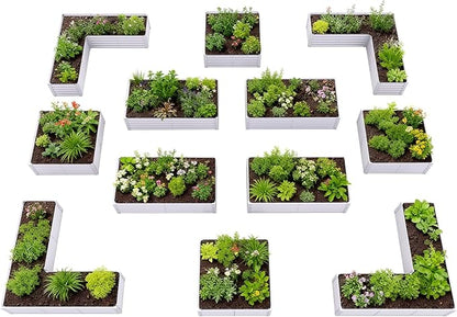 A ANLEOLIFE Set of 12 18 Inch Tall Raised Garden Beds Kit, L-Shaped, Square & Rectangular Metal Planters for Flexible Backyard Layouts, Antique White