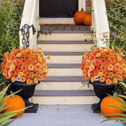 AGIRL 16 Bundles Artificial Fall Flowers Outdoor Indoor Decoration,No Fade Autumn Fake Plastic Plants with Eucalyptus Leaves,Faux Mums for Thanksgiving Garden Front Door Porch Patio Fall Decor