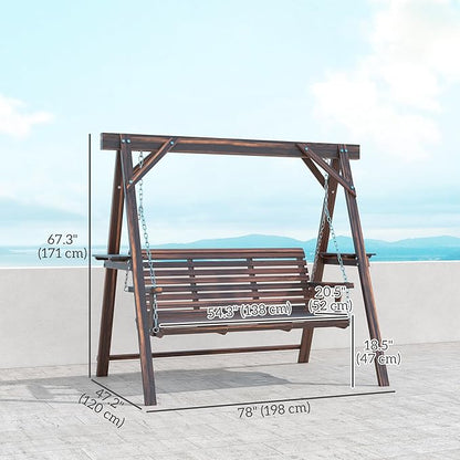 Outsunny 3 Seat Porch Swing with Stand, Wooden Patio Swing Chair with Side Tables and Metal Chains, Outdoor Swing Bench for Garden, Poolside, Backyard, Carbonized Brown