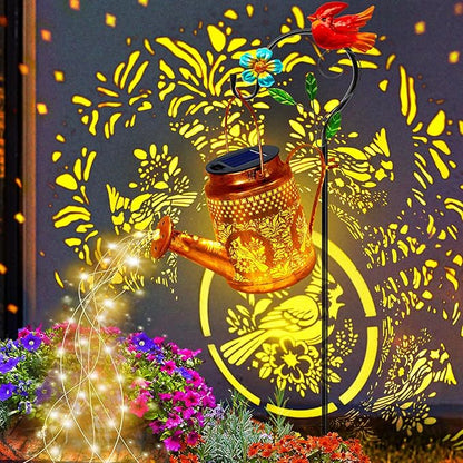 Solar Lights Outdoor Garden Decor, Cardinals Hanging Waterproof Watering Can Lights Outside Decorations for Yard Front Porch Patio Christmas Gift for Mom Grandma Women Birthday （with Shepherd Hook）