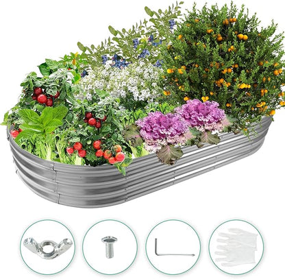6X3X1 FT Oval Galvanized Metal Garden Raised Bed/Plant Box for Planting,36 Inches Diameter Iron Fire Pit Ring,Small Animal Fence-3 in 1 Modular Design in Black (Silver, 72X36X11.5 Inches)