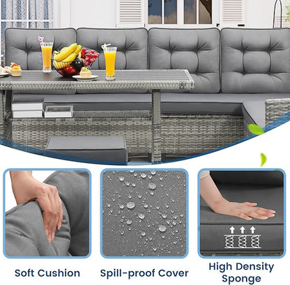 6-Piece Patio Furniture Set, Outdoor Sectional Sofa with Dining Table & Chairs, All-Weather Dining Set with Removable Cushion Covers, Ideal for Garden, Porch, Backyard, Grey