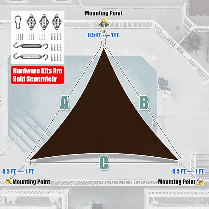 Amgo Custom Size 19' x 19' x 19' Brown Triangle Sun Shade Sail UPF50+ AGTAPRT12, Order to Make Canopy Awning, 95% UV Blockage, Water & Air Permeable, Commercial Standard (We Customize)