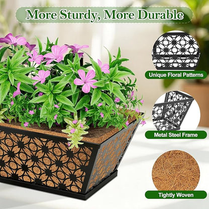 SPECILITE 30" Window Boxes Planters, Heavy Duty Metal Railing Planter Boxes, Adjustable Balcony Planters for Railing Hanging, with Coco Liner & Tool Set for Deck, Porch, and Patio Gardening (6 Pack)