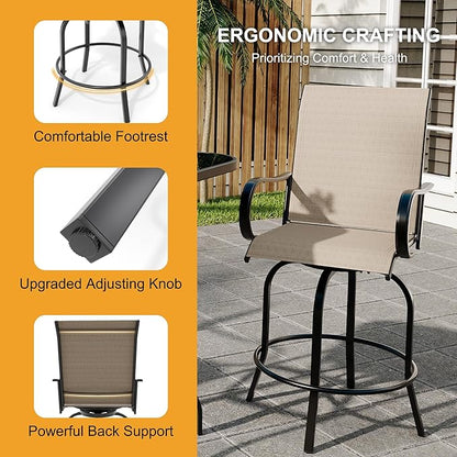 5 PCS Outdoor Bar Set with Outdoor Bistro Table and Chairs Set of 4, Bar Height Outdoor Dining Set, All Weather Mental Textilene High Swivel Bar Stools Chair Set of 4 and High Glass Bar Table