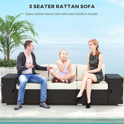 Outsunny 3 Seater Wicker Sofa with 2 Storage Side Tables and Thickened Cushions, Rattan Outdoor Patio Sofa with Wide Armrests, Wicker Outdoor Couch for Porch, Garden, Backyard, Cream White/Brown