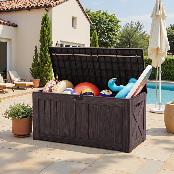 Deck Box 120 Gallon Outdoor Storage Bin with Lid, Dark Brown Resin