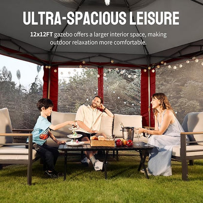 CROWN SHADES 12x12 Pop Up Gazebo with Mosquito Nettings, Patented Center Lock 6-Sided Portable Gazebo, 300D Silver-Coated Fabric UV Resistant, Pop Up Canopy Tent for Patio, Party, Red&Grey