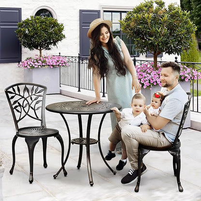 DWVO 25 Inches Round Patio Dining Table with Umbrella Hole, Antique Cast Aluminum Outdoor Bistro Table Outdoor Side Table for Backyard, Garden, Patio, Porch, Hammered Bronze