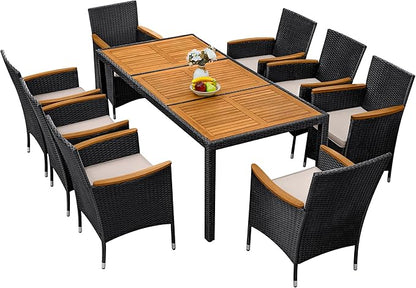 Greesum 9 Pieces Outdoor Patio Dining Set, Conversation Sets with 1 Table and 8 Rattan Chairs with Curved Acacia Wooden Armrests and Cushions, Black