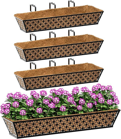 SPECILITE 30" Window Boxes Planters, Heavy Duty Metal Railing Planter Boxes, Adjustable Balcony Planters for Railing Hanging, with Coco Liner & Tool Set for Deck, Porch, and Patio Gardening (4 Pack)