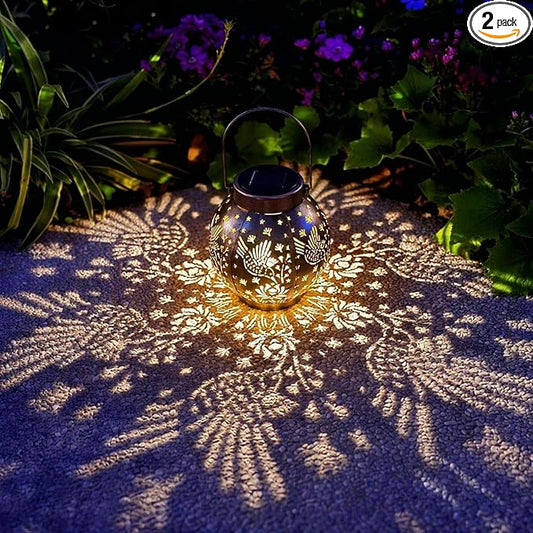 2 Pack Outdoor Solar Hanging Lantern Lights Metal LED Decorative Lamp for Garden Patio Courtyard Lawn and Table with Hollowed-Out Design (Bronze Hummingbird)
