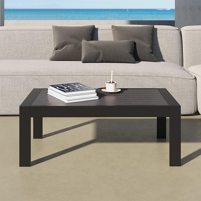 All-Weather Aluminum Outdoor Coffee Table, Modern Coffee Table for Outside, Rectangle Patio Coffee Table for Balcony Garden, Black