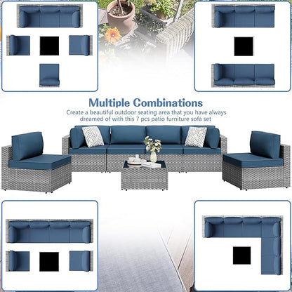 Shintenchi 7 Pieces Outdoor Patio Furniture Sets, Patio Sectional Sofa Couch, Silver Gray PE Wicker Furniture Modular Patio Conversation Sets Patio Sofa with Washable Cushions (Aegean Blue)