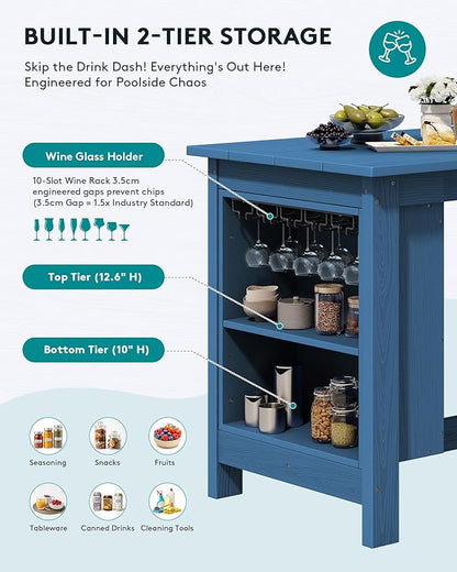 SERWALL 3-Piece Outdoor Counter Height Bar Set, HDPE Patio Bar Table with Wine Rack & Storage Shelf, 2 All-Weather Bar Stools, Patio Bar Dining Furniture Set for 3, Blue