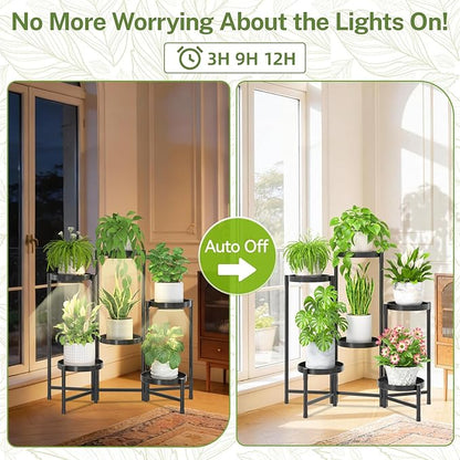iDavosic.ly Plant Stand Indoor with Grow Light, 6 Tier Corner Metal Flower Display Holder Shelf, Easy Assembly Folding Tall Orchid Rack for Patio Balcony Porch Garden Living Room House, Black