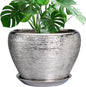 Flower Pot - 10 Inch Planter with Drainage Hole and Saucer - Indoor/Outdoor Decorative Mid-Century Planter - Silver
