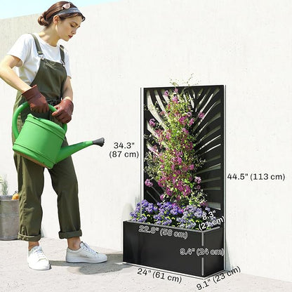 Outsunny Metal Raised Garden Bed with Trellis for Climbing Plants, Freestanding or Wall Mounted Flower Bed with Privacy Panel, Large Leaf Cut-Out Outdoor Planter Box for Garden, Patio, Balcony