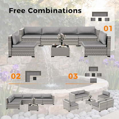 12-Seat Modular Patio Furniture Set – Outdoor Wicker Sectional Sofa with Thick 4″ Cushions, Dual-Strand PE Rattan, Rust-Resistant 18 mm Steel Frame, Backyard Garden Deck Lounge,Gray