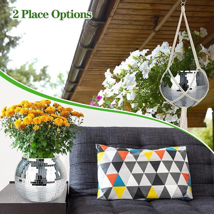Disco Ball Planter, 1pcs 10” Silver Disco Ball Planter, Disco Ball Plant Hanger with Hanging Rope, Hanging Chain, Hook, Circle and Extra Mirror Pieces