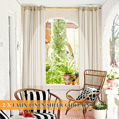 RYB HOME Outdoor Linen Curtains for Porch Waterproof Light & Airy Faux Linen Textured Drape for Balcony Backyard Cabana, 52 Inch Wide by 96 Inch Length, Beige, 2 Pieces