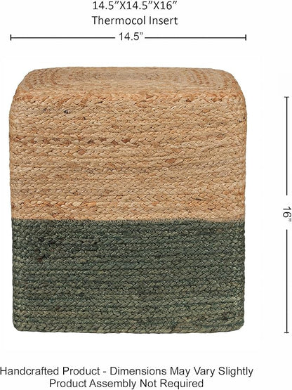 REDEARTH · Cube Pouf Foot Stool Ottoman - Jute Braided Pouffe Poof Accent Sitting Footrest for The Living Room, Bedroom, Nursery, Patio, Lounge & Other Rooms (14.5”X14.5”X16”; Natural Olive)