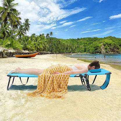 GYMAX Tanning Chair, 350lbs Beach Lounge Chair with Face Hole, Detachable Washable Pillow & Carry Strap, Adjustable Folding Chaise Lounge, Layout Chair for Outside, Patio, Poolside, Lawn (1, Arctic)